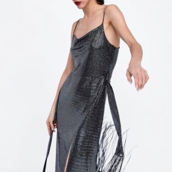 Zara Silver Cowl neck Midi Dress - Picture 3 of 5